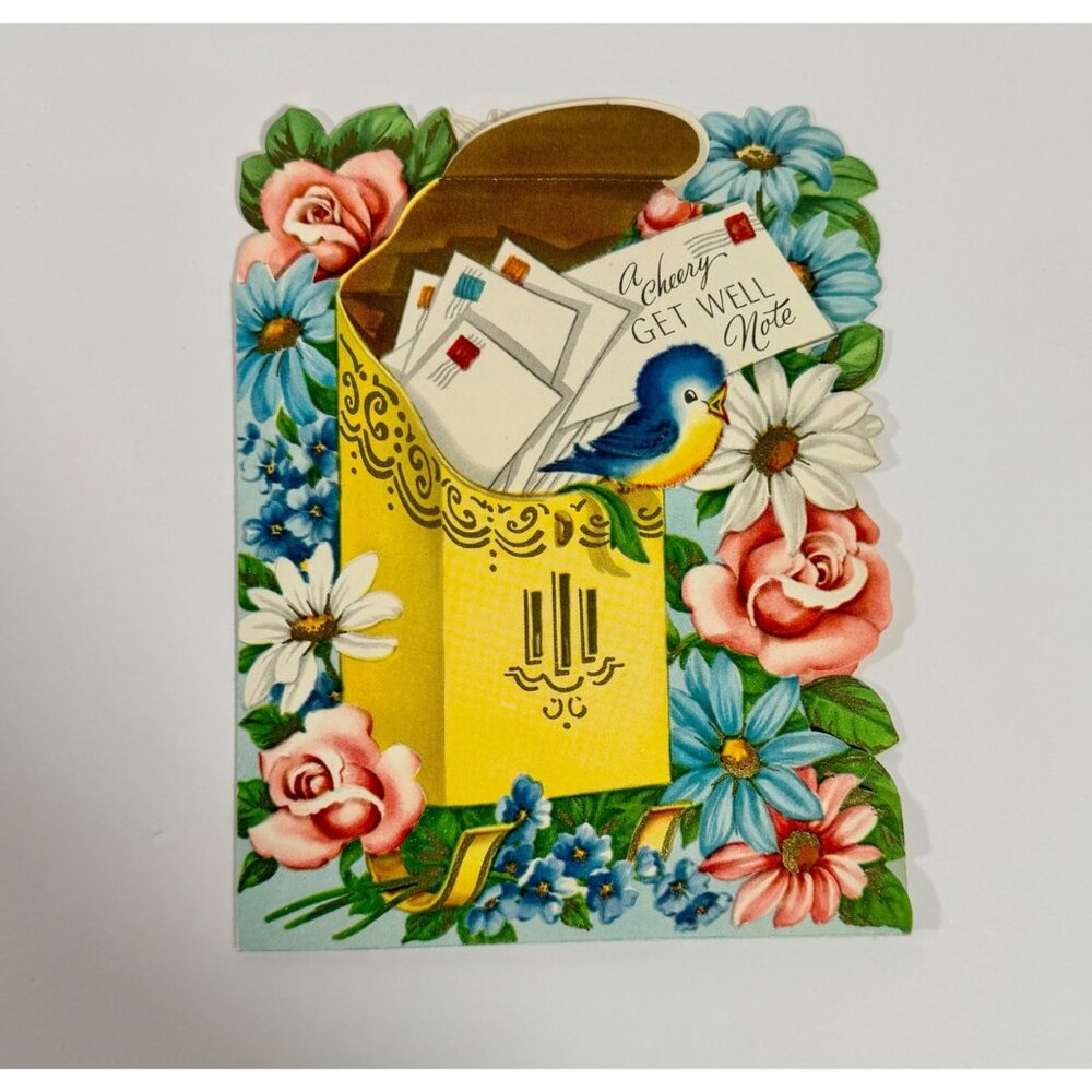 Vintage 1950s Get Well Greeting Card With Floral & Bird Design Paper Ephemera Ma